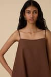 The Summer House_Brown Linen Cotton Plain Straight Neck Talib Dress _at_Aza_Fashions