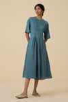 Buy_The Summer House_Blue Cotton Voile Plain Round Tamina Pleated Dress _at_Aza_Fashions