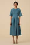 The Summer House_Blue Cotton Voile Plain Round Tamina Pleated Dress _Online_at_Aza_Fashions