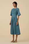 Buy_The Summer House_Blue Cotton Voile Plain Round Tamina Pleated Dress _Online_at_Aza_Fashions