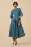 Shop_The Summer House_Blue Cotton Voile Plain Round Tamina Pleated Dress _Online_at_Aza_Fashions