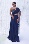 PIRI INDIA_Blue Satin Organza Embroidery 3d Floral Asymmetric Tyne Saree Gown _Online_at_Aza_Fashions