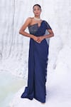 Buy_PIRI INDIA_Blue Satin Organza Embroidery 3d Floral Asymmetric Tyne Saree Gown _at_Aza_Fashions