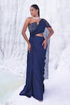 Shop_PIRI INDIA_Blue Satin Organza Embroidery 3d Floral Asymmetric Tyne Saree Gown _at_Aza_Fashions