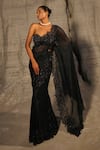 Buy_PIRI INDIA_Black Satin Organza Embroidery Leaf Siya Aari Saree With Tie Up Blouse _at_Aza_Fashions