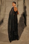 PIRI INDIA_Black Satin Organza Embroidery Leaf Siya Aari Saree With Tie Up Blouse _Online_at_Aza_Fashions