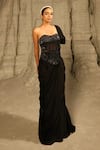 Buy_PIRI INDIA_Black Satin Organza Embroidery Aari Sweetheart Lira Corset Draped Gown _at_Aza_Fashions