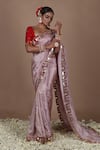 The Pink Penguin by Charmy_Purple Silk Embroidered Mirror Scoop Saree With Blouse _Online_at_Aza_Fashions