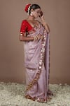 Shop_The Pink Penguin by Charmy_Purple Silk Embroidered Mirror Scoop Saree With Blouse _Online_at_Aza_Fashions