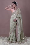 Buy_The Pink Penguin by Charmy_Peach Silk Embroidered Mirror Scoop Saree With Blouse _at_Aza_Fashions