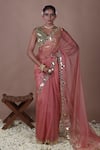 Buy_The Pink Penguin by Charmy_Pink Organza Embroidered Mirror V Neck Saree With Blouse _at_Aza_Fashions