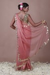 The Pink Penguin by Charmy_Pink Organza Embroidered Mirror V Neck Saree With Blouse _Online_at_Aza_Fashions