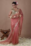 Shop_The Pink Penguin by Charmy_Pink Organza Embroidered Mirror V Neck Saree With Blouse _Online_at_Aza_Fashions