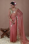 Buy_The Pink Penguin by Charmy_Pink Organza Embroidered Mirror V Neck Saree With Blouse 