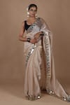 Buy_The Pink Penguin by Charmy_Beige Silk Organza Embroidered Mirror Round Saree With Blouse _at_Aza_Fashions