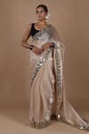 Buy_The Pink Penguin by Charmy_Beige Silk Organza Embroidered Mirror Round Saree With Blouse _Online_at_Aza_Fashions