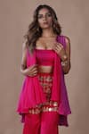 The Pink Penguin by Charmy_Purple Dupion Silk Embroidered Mirror Cape Open Ombre Pant Set _Online_at_Aza_Fashions