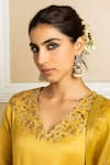 Dohr India_Yellow Kurta And Salwar Tissue Blend Embroidered Dabka V-neck Saanvi Set _at_Aza_Fashions