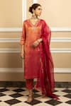 Buy_Dohr India_Red Kurta And Pant Tissue Blend Embroidered Dabka V-neck Suhani Metallic Set _at_Aza_Fashions