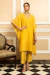 Buy_Dohr India_Yellow Tissue Chanderi 48% Cotton 44% Metallised Placement Kaftan With Pant _at_Aza_Fashions