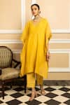 Dohr India_Yellow Tissue Chanderi 48% Cotton 44% Metallised Placement Kaftan With Pant _Online_at_Aza_Fashions