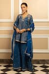 Buy_Dohr India_Blue Tissue Chanderi 48% Cotton 44% Metallised Flower Yoke Kurta Sharara Set _at_Aza_Fashions