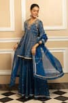 Dohr India_Blue Tissue Chanderi 48% Cotton 44% Metallised Flower Yoke Kurta Sharara Set _Online_at_Aza_Fashions