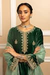 Buy_Dohr India_Green Silk Velvet Embroidery Zari Round Neck Mehfil Kurta Palazzo Set _Online_at_Aza_Fashions