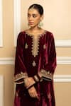 Buy_Dohr India_Wine Silk Velvet Embroidery Zari Round Neck Mehfil Floral Kurta Palazzo Set _Online_at_Aza_Fashions