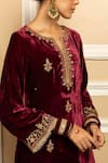 Shop_Dohr India_Wine Silk Velvet Embroidery Zari Round Neck Mehfil Floral Kurta Palazzo Set _Online_at_Aza_Fashions