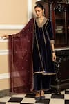 Dohr India_Blue Silk Velvet Embroidery Zari V Neck Anokhi Floral Yoke Kurta Pant Set _Online_at_Aza_Fashions