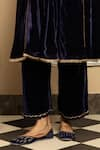 Dohr India_Blue Silk Velvet Embroidery Zari V Neck Anokhi Floral Yoke Kurta Pant Set _at_Aza_Fashions