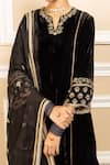 Dohr India_Black Silk Velvet Print Floral Notched Ziya Embroidered Yoke Kurta Salwar Set _Online_at_Aza_Fashions