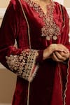 Buy_Dohr India_Red Silk Velvet Embroidery Floral Notched Neck Noorani Kurta Pant Set _Online_at_Aza_Fashions