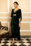 Buy_Dohr India_Green Silk Velvet Embroidery Floral V Neck Gulzar Kaftan _Online_at_Aza_Fashions