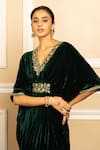 Shop_Dohr India_Green Silk Velvet Embroidery Floral V Neck Gulzar Kaftan _Online_at_Aza_Fashions