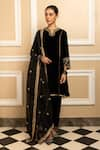 Buy_Dohr India_Black Silk Velvet Embroidery Floral Notched Neck Tara Kurta Salwar Set _at_Aza_Fashions