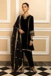 Buy_Dohr India_Black Silk Velvet Embroidery Floral Notched Neck Tara Kurta Salwar Set _Online_at_Aza_Fashions