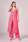 Buy_Koswi_Fuchsia Viscose Printed Geometric V-neck Border Slit Kurta With Palazzo _at_Aza_Fashions