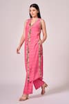 Koswi_Fuchsia Viscose Printed Geometric V-neck Border Slit Kurta With Palazzo _at_Aza_Fashions