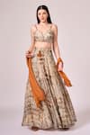 Buy_Koswi_Brown Viscose Printed Vine Sweetheart Slit Lehenga Set _at_Aza_Fashions