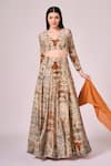 Koswi_Brown Viscose Printed Vine V-neck Abstract Slit Lehenga Set _at_Aza_Fashions