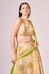 Koswi_Green Viscose Printed Geometric Band Collar Lehenga Set _at_Aza_Fashions