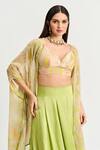 Koswi_Green Viscose Printed Geometric Cape Open Solid Lehenga Set With _Online_at_Aza_Fashions