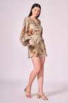 Buy_Koswi_Brown Viscose Print Damask V Neck Short Dress _Online_at_Aza_Fashions