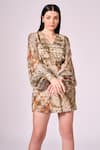 Shop_Koswi_Brown Viscose Print Damask V Neck Short Dress _Online_at_Aza_Fashions