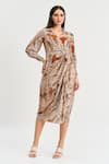 Buy_Koswi_Brown Viscose Print Damask Bloom Spread Collar Wrap Midi Dress _at_Aza_Fashions