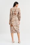 Shop_Koswi_Brown Viscose Print Damask Bloom Spread Collar Wrap Midi Dress _at_Aza_Fashions