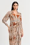 Koswi_Brown Viscose Print Damask Bloom Spread Collar Wrap Midi Dress _Online_at_Aza_Fashions