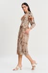 Buy_Koswi_Brown Viscose Print Damask Bloom Spread Collar Wrap Midi Dress _Online_at_Aza_Fashions